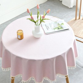 Qubjus Round Textured Tablecloth Waterproof Cotton Linen Tassel Wrinkle Free Washable Decorative Fabric Table Cover for Kitchen Dining Table, Round-48, Pink