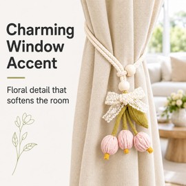 Set of 2 Pink Floral Curtain Tie Ropes with Lace Bow