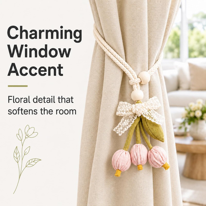 Set of 2 Pink Floral Curtain Tie Ropes with Lace