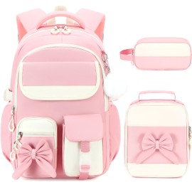 Tecoloy Backpack for Girls, 3PCS Girls Backpack with Lunch Box & Pencil Case, Waterproof Lightweight Bookbag for Girl Elementary Middle School, Bow Travel Daypack Pink