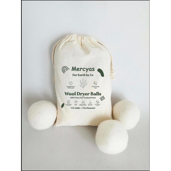 Mercyas Wool Dryer Balls, 6 Pack, 100% Natural Premium New