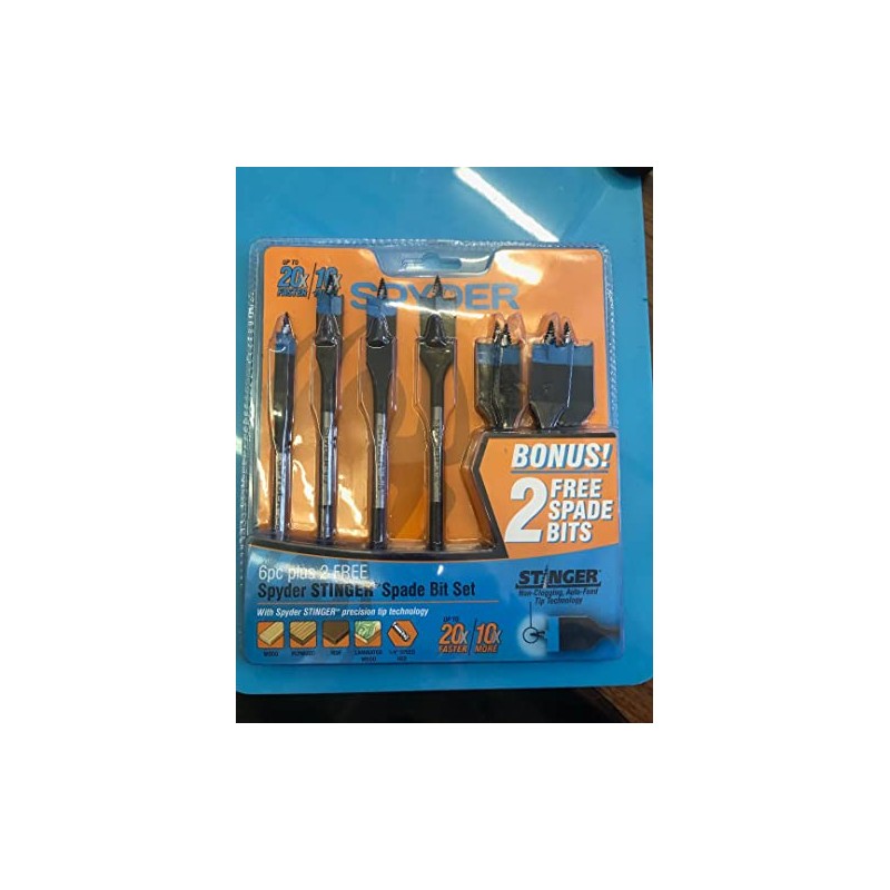 Spyder 8-Piece Assorted Stinger Woodboring Spade Drill Bit Set, Threaded