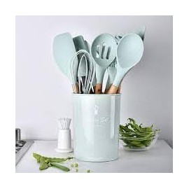 Silicone Cooking Utensils Kitchen Utensil Set, 12 PCS Wooden Handle Nontoxic BPA Free Silicone Spoon Spatula Turner Tongs Kitchen Gadgets Utensil Set for Nonstick Cookware with Holder (Light Green)