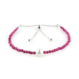 CRYSTALIS Natural Ruby Stone Beads Slider Bracelet with Elegant Pearl, High Grade Beaded Crystals, Chakra Healing Gemstone, Women Jewelry, 925 Sterling Silver Slider 10 inch