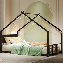 Twin Size Montessori Floor Bed Frame with Light, Montessori Bed with Headboard and Footboard, Twin Size House Floor Beds with Slats Support, Easy Assemble, Black