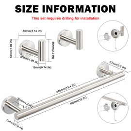 Livabber 3 Pieces Bathroom Accessories Set, 304 Stainless Steel Bath Hardware Kit with 16” Towel Bar + 2 Robe Hooks, Wall Mounted Towel Rack for Kitchen, Shower Room (Brushed Nickel)