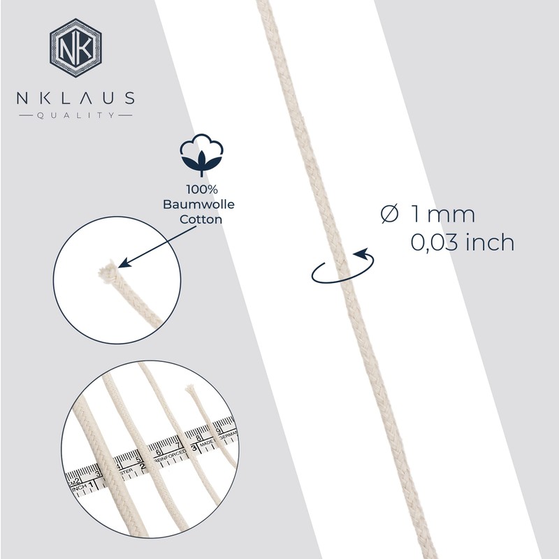 NKlaus Round Wick 1 Metre, 1.0 mm, 100% Pure Cotton