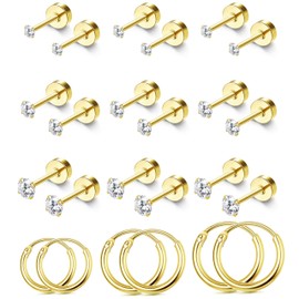 Finrezio Tiny Hypoallergenic Flat Back Earrings - 2/3/4mm Surgical Steel Stud Earrings For Women Men 14K Gold Plated Flatback Stud Earring 20G Small Cartilage Hoop Screw Back Earring