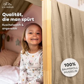 lilimaus House Bed Canopy, Made of 100% Cotton Muslin, Handmade, Fabric Bed Decoration, Girls and Boys, Children, Bed Curtain for Children's Bed, Dark Beige