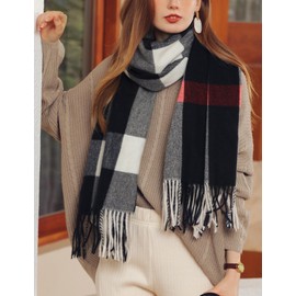 TOPLAZA Women's Long Checked Scarf with Tassels Winter Scarf for Warm Winter, B-white, One size
