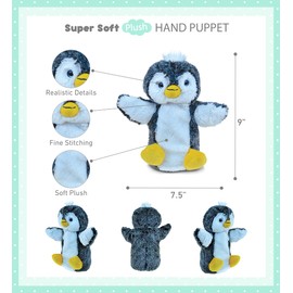 DolliBu Penguin Plush Hand Puppet for Kids - Soft Stuffed Animal Hand Puppet Toy for Puppet Show Games Puppet Theaters for Kids, Adult Cute Puppets Educational Toy to Teach Children & Toddlers