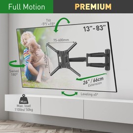 Barkan 26" / 66cm Long TV Wall Mount, 13-83 inch Full Motion Articulating - 4 Movement Premium Flat/Curved Screen Bracket, Holds up to 95lbs, Extremely Extendable, Fits LED OLED LCD