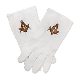 Freemasoner Gold Square & Compass Hand Embroidered Masonic Cotton Gloves White