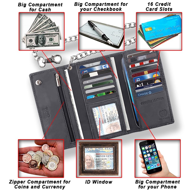 F&L CLASSIC RFID Blocking Mens Tri-fold Long Style Cowhide Leather