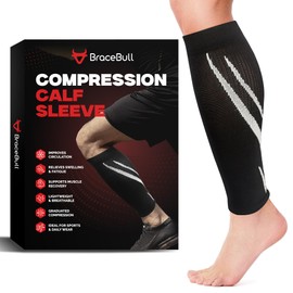 BraceBull Calf Compression Sleeves for Men & Women (1 Pair), Footless Compression Socks for Leg Support, Shin Splints, Running, Fitness, Travel, Breathable Nylon & Spandex Calf Sleeves, Black, XXL