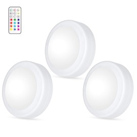 Yiliaw LED Puck Lights with Remote Control, AA Battery Operated, 12 Color Closet Under Cabinet Lighting, Push Tap Light, Under Counter for Kitchen, 3 Pack, White-Magnetic