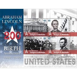 2008 President Abraham Lincoln, 200th Birth Anniversary, Collectible Sheet of 4 Stamps, Mint Never Hinged, Antigua and Barbuda