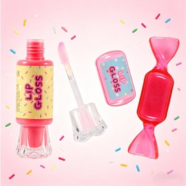 M&U MAKE YOU UP 5pc Lip Gloss & Lip Balm Set for Kids - 3 Candy Shaped Glossy Tubes and 2 Moisturizing Cube Balms | Non Toxic Fruity Flavored Makeup Kit, Sweet Dessert Party Favors for Girls Birthday