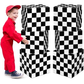 Dispowreath 6 Pcs Large Race Car Party Treat Boxes 11.8 x 11.8 Inch Black and White Checkered Party Boxes Plaid Cardboard Goodie Candy Boxes for Race Car Birthday Party Decoration Supplies