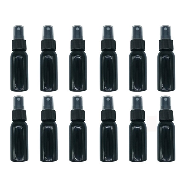 HOSL 1 Ounce Empty Spray Bottles for Cleaning Solution Travel bottles Refillable Fine Mist Perfume Sprayer Bottle Cosmetic Atomizers PET Spray Bottles (12 Pack, Black)