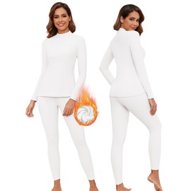 WOWENY Mock Neck Thermal Underwear Set For Women Long Johns Base Layer Fleece Lined Top And Bottom Cold Weather (White,XL)