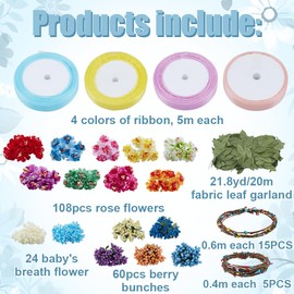 ACRNIGHEET 20 Sets Wreath Headband and Bracelet Craft Kit, 15pcs Flower Crown Kit, 5pcs Flower Bracelet, Make Your Own Crown Headband and Handband for Wedding Birthday Party Prop