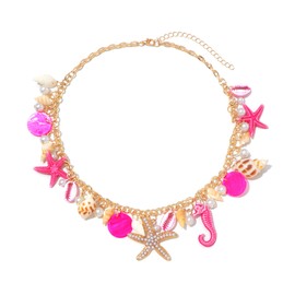 Shell Starfish Necklace for Women Conch Shell Starfish Pearl Necklace Seahorse Necklace Bohemian Chunky Choker Necklace Sea Shell Pearl Choker Collar Neck Mermaid Costume Jewelry Beach Jewelry (Pink)