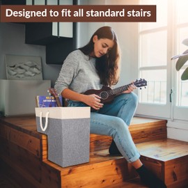 SAM AND MABEL Stairway Storage Basket, Premium Linen Material, Lightweight and Sturdy, Foldable, 16"L x 10"W x 16"H, Lite Cream and Gray
