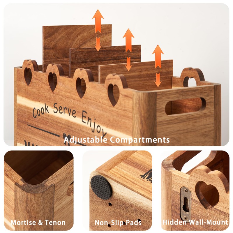 Kitchen Utensil Holder, Large Acacia Wood Organizer for Countertop |