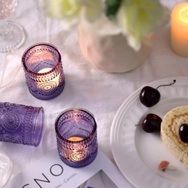 24pcs Purple Votive Candle Holders for Table Centerpieces, Glass Tea Lights Candle Holder for Bridal Shower, Baby Shower Decrations, Boho Tea Party Purple Decor, Purple Gifts for Women
