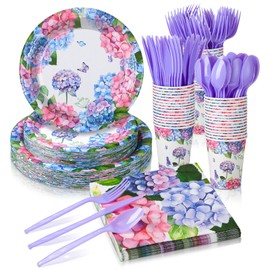 Yungyan 252 Pcs Hydrangea Plates and Napkins Set Blue Hydrangea Flowers Party Supplies Disposable Floral Napkins Plates Cups Knives Spoons Forks Spring Summer Dinnerware Decorations Serves 36 Guests