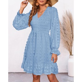 BTFBM Women Smocked Short Dress V Neck Long Sleeve Casual Swiss Dot Ruffle Chiffon Flowy Mini Summer Spring Dresses 2025(Blue, X-Large)