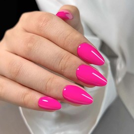 Hot Pink Press on Nails Almond Fake Nails Medium Almond False Nails Press ons with Designs Acrylic Nails Full Cover Glossy Glue on Nails Artificial Stick on Nails for Women Nails Decorations 24Pcs