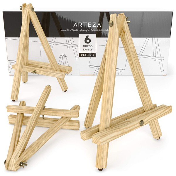 Arteza Tripod Easel, Pack of 6, 12 Inches, Natural Pine Wood Finish with Non-Slip Legs, Art Supplies for Displaying Small to Medium Canvases