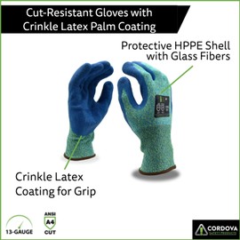 Cordova 3703XXL Ion A4 Gloves, Aqua 13-Gauge HPPE/Glass Shell, Blue Latex Palm Coating, ANSI Cut Level A4, 2X-Large, 10-Pack