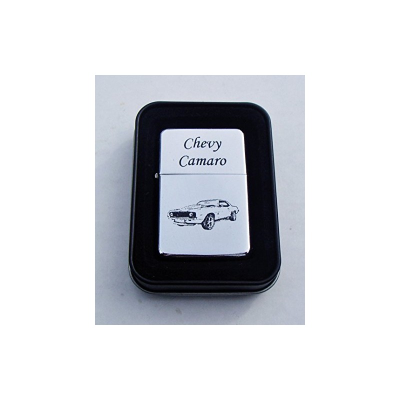Chevy Camaro Engraved Chrome Plated Brass Refillable Lighter in Black