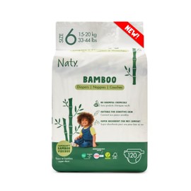 Naty Bamboo Viscose Baby Diapers – Silky Soft, Plant Based, Dermatologically Tested for Sensitive Skin & Super Absorbent (Size 6, 120 Count)