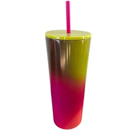 Starbucks Venti Pink Metallic Tumbler with Yellow Straw, 24oz