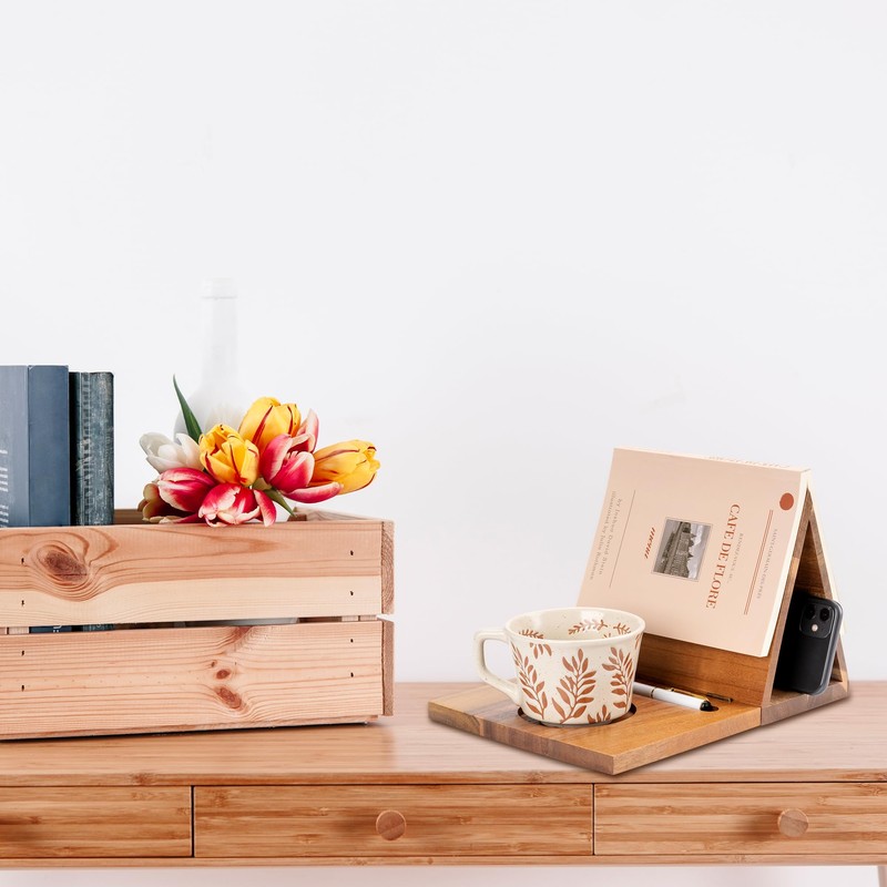 Book Nook Reading Valet with Cup Holder, Wooden Book Stand