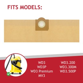 SPARES2GO Double Walled Filtration Large Bags for Karcher WD3 WD3P MV3 Wet & Dry Vacuum Cleaner (Pack of 5)