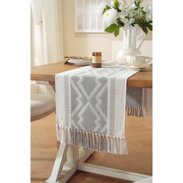 Boho Table Runner ， Natural Cotton Woven Gray Runner，for Modern