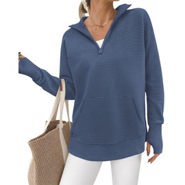 BTFBM Sweaters for Women Fall Winter Clothes 2025 Pocket Quarter Zip Pullover V Neck Long Sleeve Knit Trendy Sweater(Dark Blue, Medium)