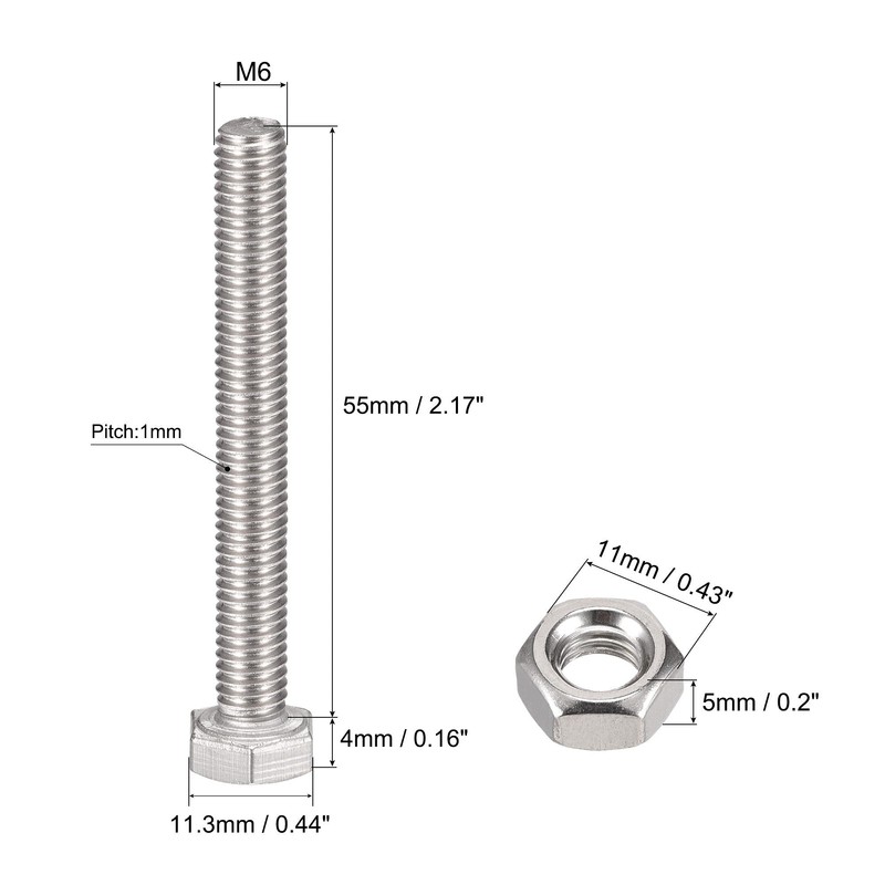 uxcell M6 x 55mm Hex Head Screws Bolts, Nuts, Flat
