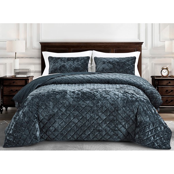 Chezmoi Collection Lux Storm Blue Velvet Quilt Oversized King Set,