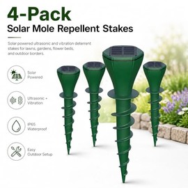 Solar Powered Mole Repellent Stakes, Ultrasonic & Vibration Deterrent for Moles, Gophers & Voles, IP65 Waterproof Outdoor Pest Repeller for Yard, Lawn & Garden, 4 Pack