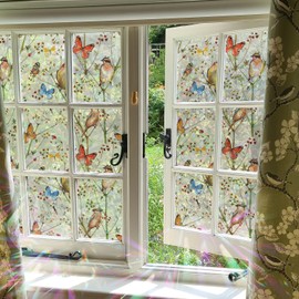 Flortlias Rainbow Suncatcher Floral Window Film, Privacy Iridescent Static Cling Double-Sided Window Decals for Window Door Glass Decor, Watercolor Vintage Birds and Butterflies, 39.37" x 16.92"