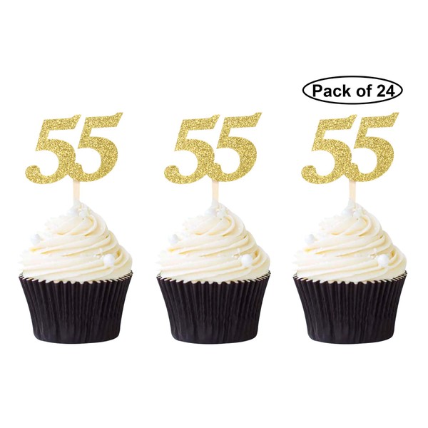 24 PCS Number 55 Cupcake Toppers Gold Glitter 55th Birthday Cupcake Picks Birthday Anniversary Party Decorations Supplies