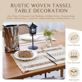 Elistonie Set of 4 Boho Woven Cotton Placemats Handwoven Fringe Placemats Washable Farmhouse Linen Tassel Cloth Table Mats Rustic Macrame Placemats for Dining Table Decor (B)