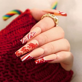 Christmas Press on Nails long Fake Nails Coffin Glue on Nails Acrylic Stick on Nails Artificial False Nails for Women 24pcs