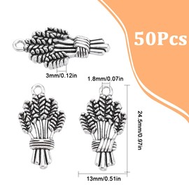 SUNNYCLUE 1 Box 50Pcs Thanksgiving Charms Wheat Charm Fall Harvest Autumn Charms Bulk Tibetan Style Antique Silver Wheat Spike Flower Wheat Ears Charm for Jewelry Making Charms DIY Craft Supplies, No Gemstone
